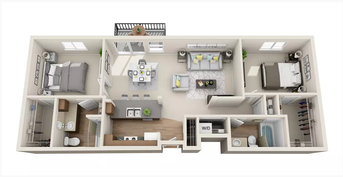 Floor plan for 2 beds, 2 baths, 1196 sqft